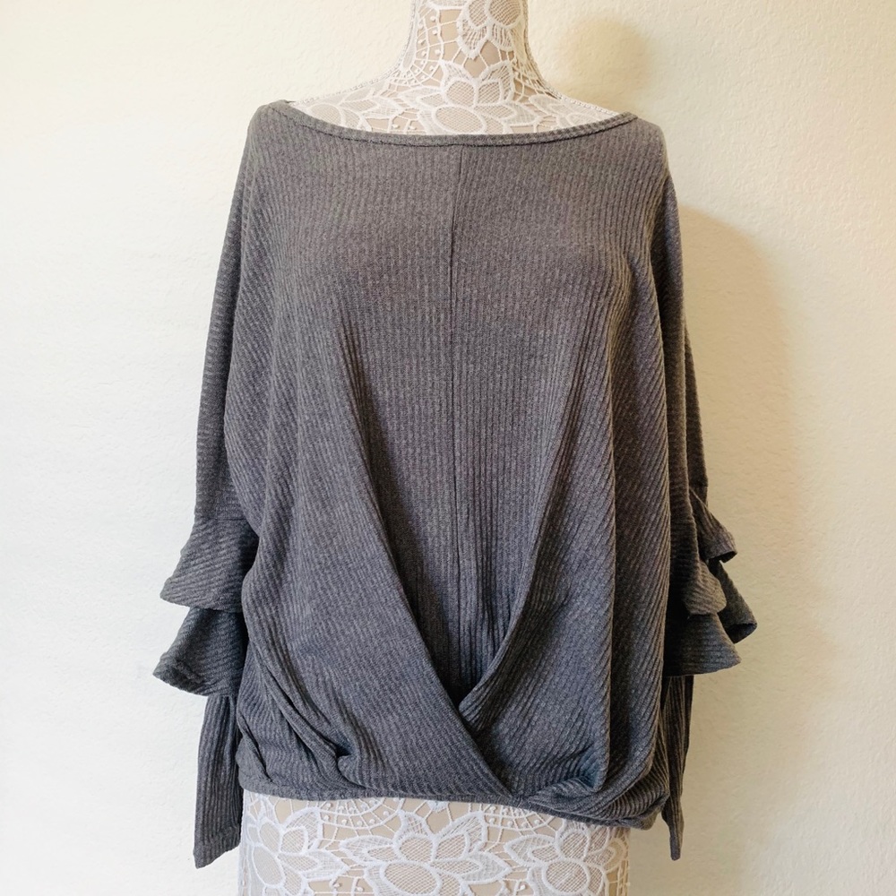 She + Sky Gray Ruffle Sleeve Sweater
